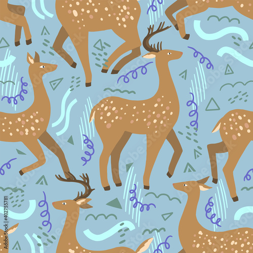 Cute dappled deer flat hand drawn vector seamless pattern. Colorful wallpaper in scandinavian style. Abstract forest animal background. Beautiful design for prints, wrap, textile, fabric, decor, card.