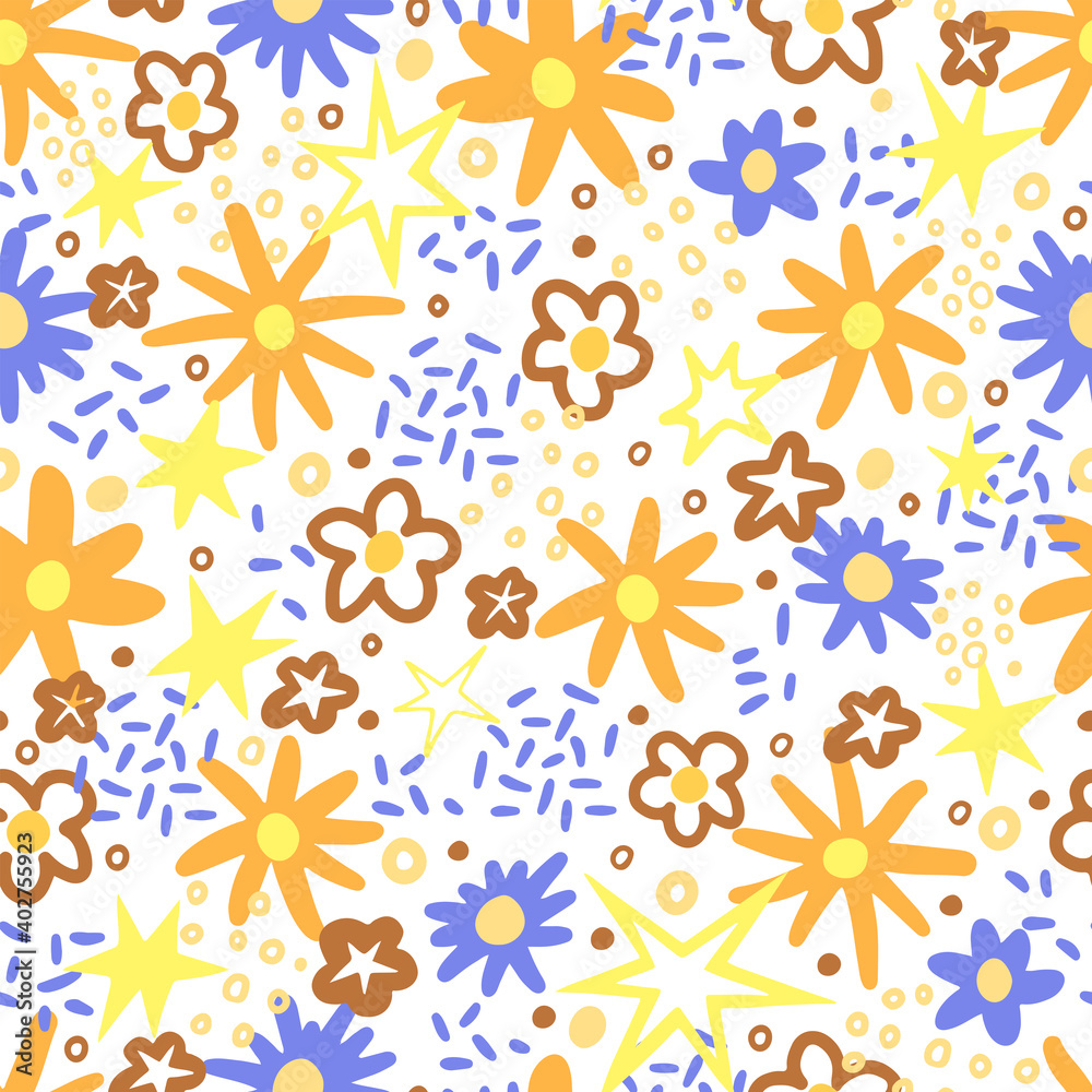 Cute flower doodles and random shapes hand drawn vector seamless pattern. Colorful background in vintage style. Universal simple design for print, wallpaper, wrapping, card, textile, fabric, decor. Cute flower doodles and random shapes hand drawn vector seamless pattern. Colorful background in vintage style. Universal simple design for print, wallpaper, wrapping, card, textile, fabric, decor.