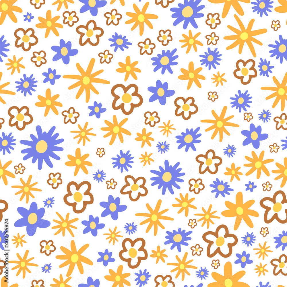 Cute flower doodles hand drawn vector seamless pattern. Colorful background in vintage style. Universal simple design for print, wallpaper, wrapping paper, card, textile, fabric, decoration. Cute flower doodles hand drawn vector seamless pattern. Colorful background in vintage style. Universal simple design for print, wallpaper, wrapping paper, card, textile, fabric, decoration.