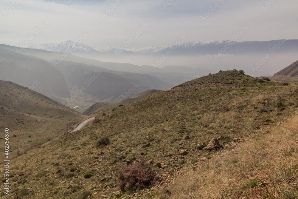 Misty view of Alamut valley in Iran