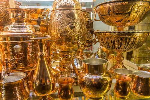 ZANJAN  IRAN - APRIL 13  2018  Brass objects for sale in a shop in Zanjan  Iran.