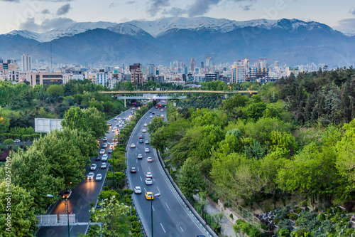View of Modares highway and Alborz mountain range in Tehran, Iran
