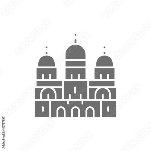 Basilica of the Sacred Heart, landmark of Paris, France grey icon.