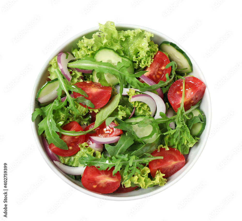 Delicious salad with arugula and vegetables isolated on white, top view