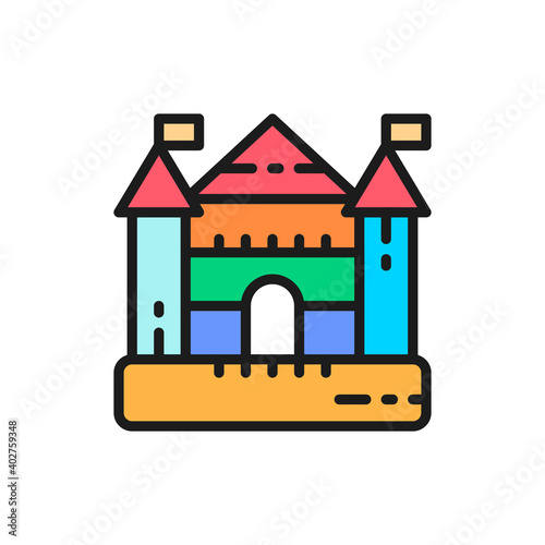 Bouncy castle for playground, kids entertainment complex flat color line icon.