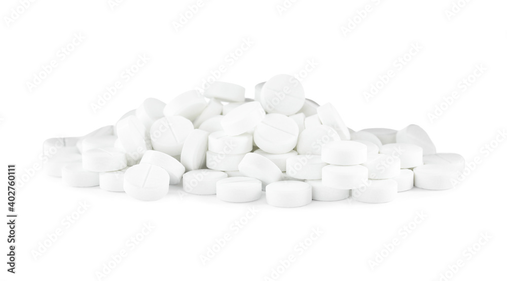 Pile of pills on white background. Medical treatment Pile of pills on white background. Medical treatment