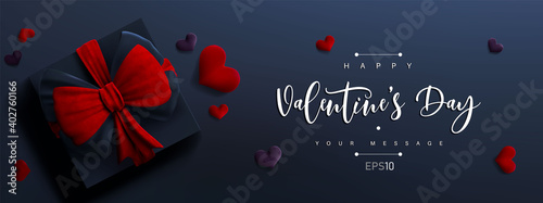 Valentine's day banner background. Vector illustration. 3d gift box with red bow and hearts. Cute love banner or Valentines greeting card.