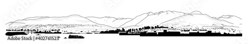 North shore mountains. Panorama illustration or drawing of local mountains and peak in Vancouver BC  Canada. View of lions gate bridge  harbor  industry  North and West Vancouver. Tourist information.
