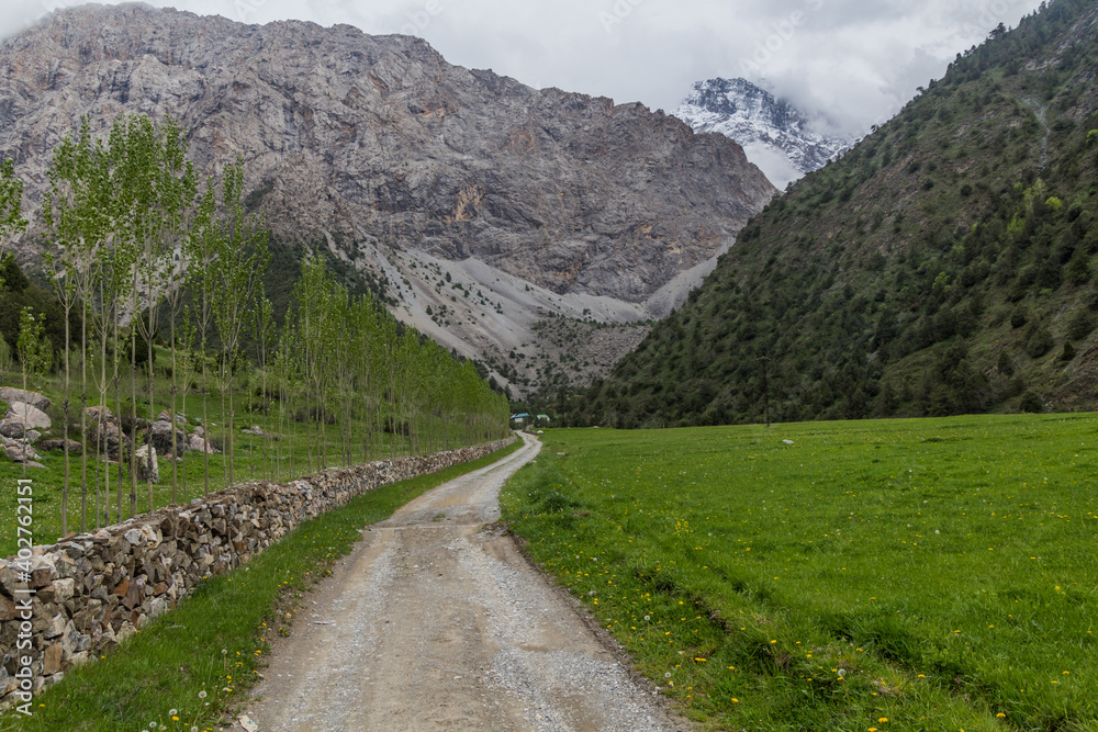 Road in Urech valley near Artush village in Fann mountains, Tajikistan
