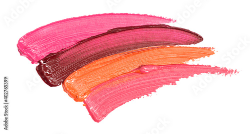 Four Shades of Lipstick and Lip Gloss Swatches on a White Background