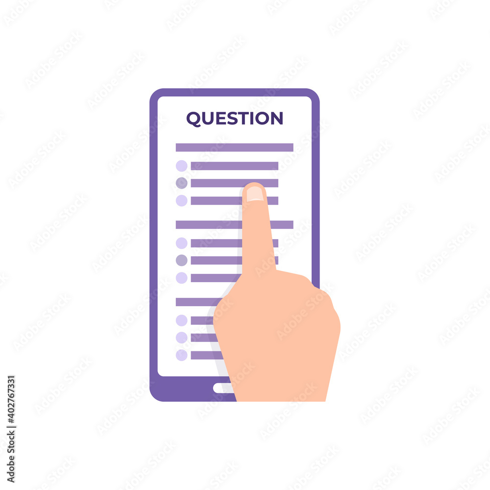 illustration of a hand choosing an answer or answering a question or questionnaire form on the smartphone. survey concept or choice. flat style. design elements