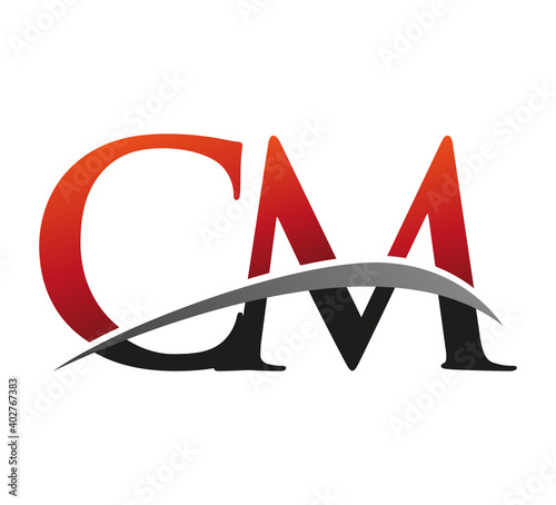 initial letter CM logotype company name colored red and black swoosh design. isolated on black background.