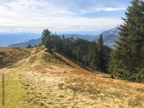 Awesome late summer and autumn hike at mountain range of the austria alps. Hochgründeck Bischofshofen Hochkönig Salzburg photo