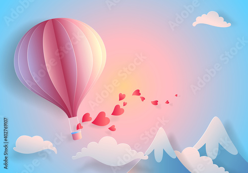 Paper art of heart balloon flying