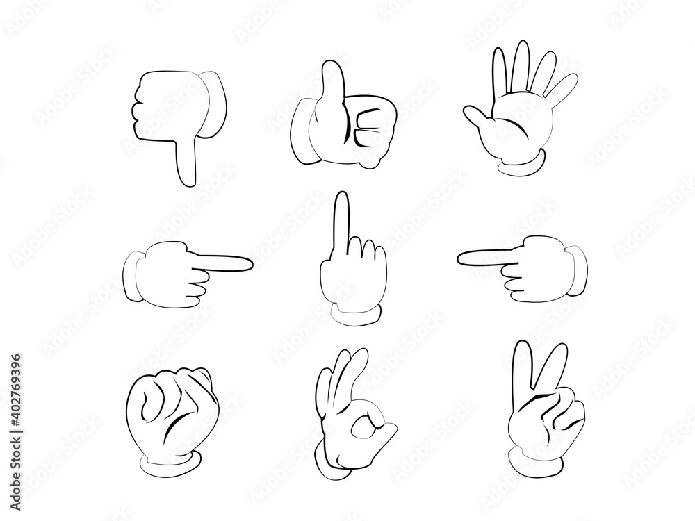 Fototapeta premium Hands Collection Icon Vector illustration. gesture symbol. hand signals sign, emblem isolated on white background, Flat style for graphic and web design, logo. EPS10 black pictogram.