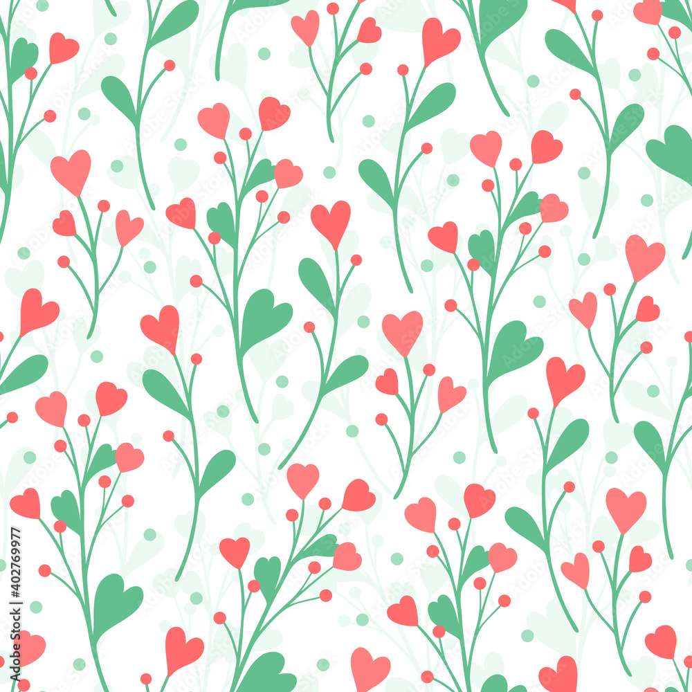 Hand drawn seamless pattern of pink blooming flowers, leaves. Spring floral set illustration for design Valentine's day, Women's day or Birthday card, invitation, wallpaper, wrapping paper, baby room