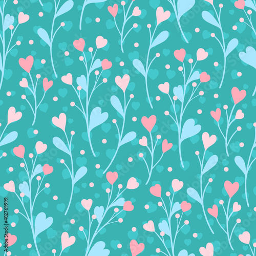 Hand drawn seamless pattern of pink blooming flowers, leaves. Spring floral set illustration for design Valentine's day, Women's day or Birthday card, invitation, wallpaper, wrapping paper, baby room