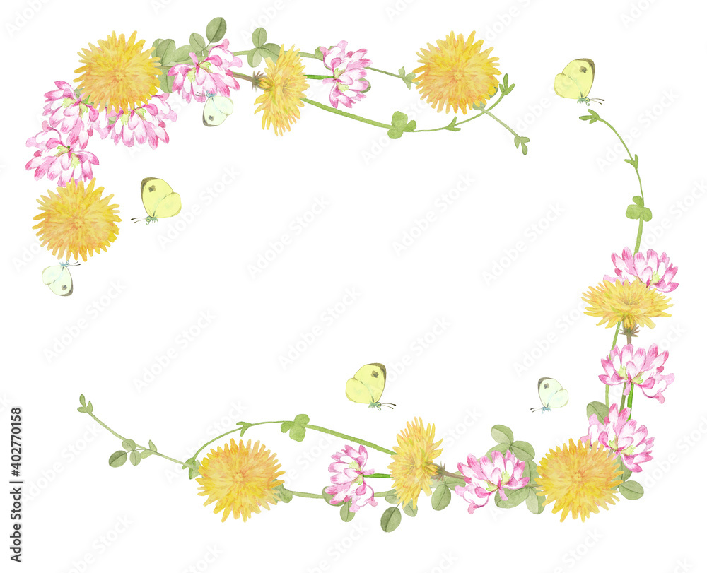 春の草花とちょうちょの水彩イラスト