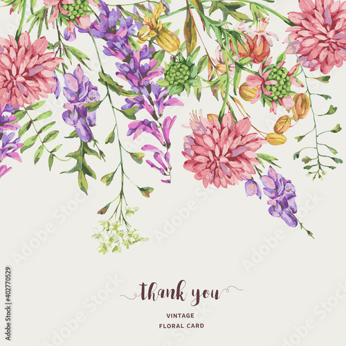 Vector watercolor summer meadow flowers, wildflowers. Botanical floral greeting card.