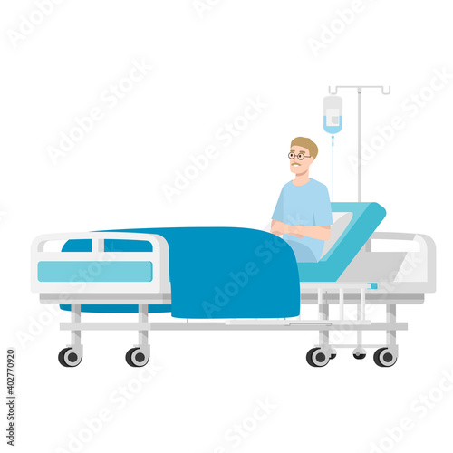 man sick sitting at hospital bed. Hospital patient character flat vector illustration isolated on white background