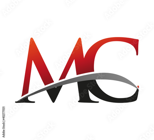 initial letter MC logotype company name colored red and black swoosh design. isolated on black background.
