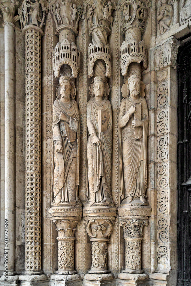 Saint-Étienne Cathedral, Bourges, France. South portal with three typically Gothic sculptures depicting kings mentioned in the Old Testament.