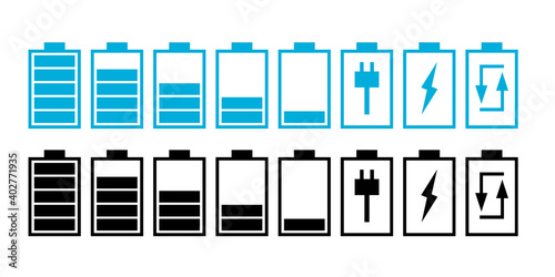battery shape. blue battery set. black icon Isolated on white background. battery charging indicator with level energyflat style design. vector illustration.