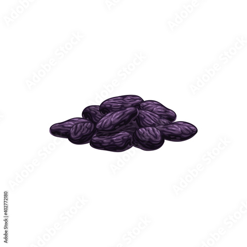 Raisins dried fruits, dry food snacks and fruit sweets, isolated vector icon. Raisins of red or black grape, sweet dessert, natural organic dehydrated confections, fiber and protein food