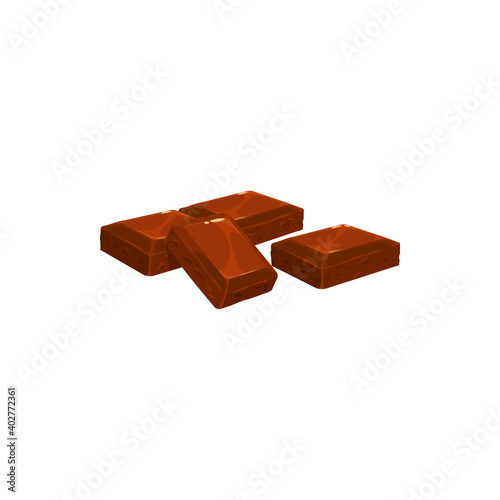 Chocolate bar pieces, dark or milk chocolate candy square blocks, vector isolated icon. Broken chocolate bar pieces, cocoa or cacao food sweet bites or snacks and confection desserts