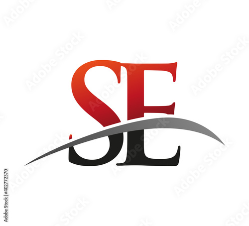 initial letter SE logotype company name colored red and black swoosh design. isolated on black background.