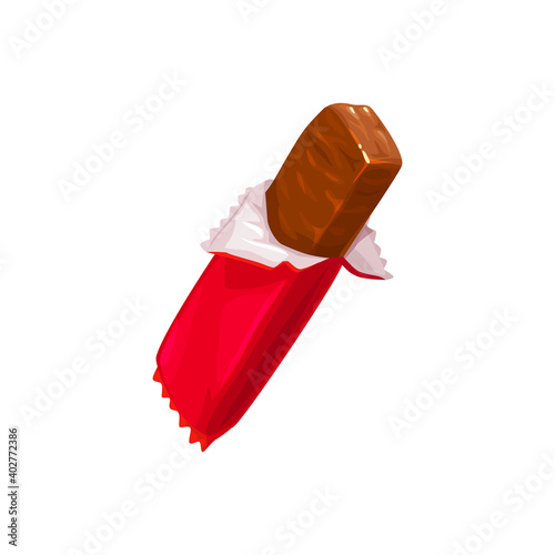 Chocolate bar, candy snack in wrapper package, vector isolated icon. Chocolate candy bar pack, cocoa food confection and confectionery sweet dessert in red wrapper