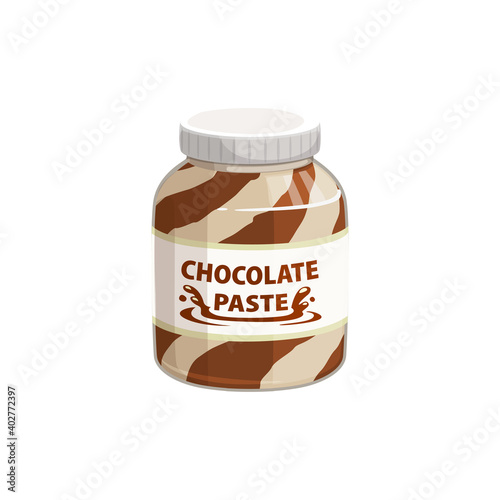 Chocolate spread in jar, cream of hazelnut, cocoa and nougat duo butter paste, vector icon. Chocolate spread or cocoa caramel and hazelnut nougat butter, breakfast food confection and sweet dessert
