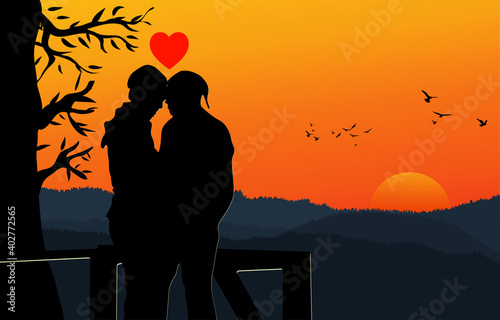 A couple man and woman standing under tree with sunset on sky at evening with mountain background design vector illustration