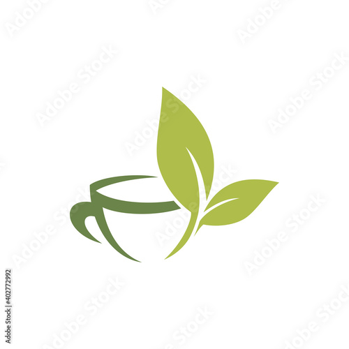 Hot Ceylon or Chinese green tea in cup isolated logo. Vector herbal drink with organic leaves