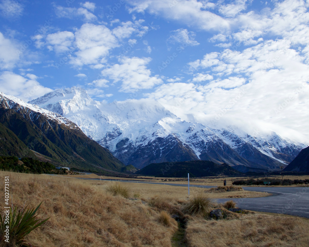 Magnificent Snowy Mount Cook taken from Mount Cook Village in the Southern Alps of New Zealand