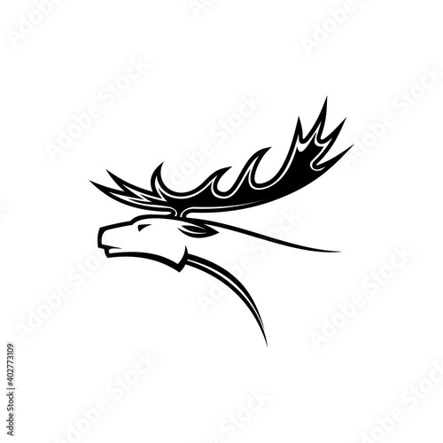 Antler animal isolated monochrome deer silhouette. Vector reindeer hunting club logo, tattoo design