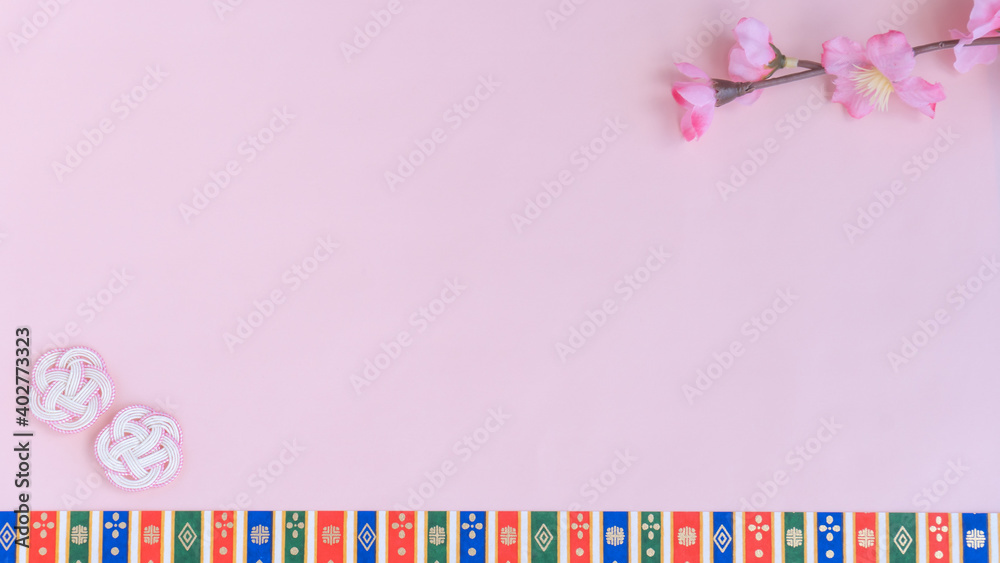 桃の花と水引細工のピンクの和風背景 16 9 Stock Photo Adobe Stock
