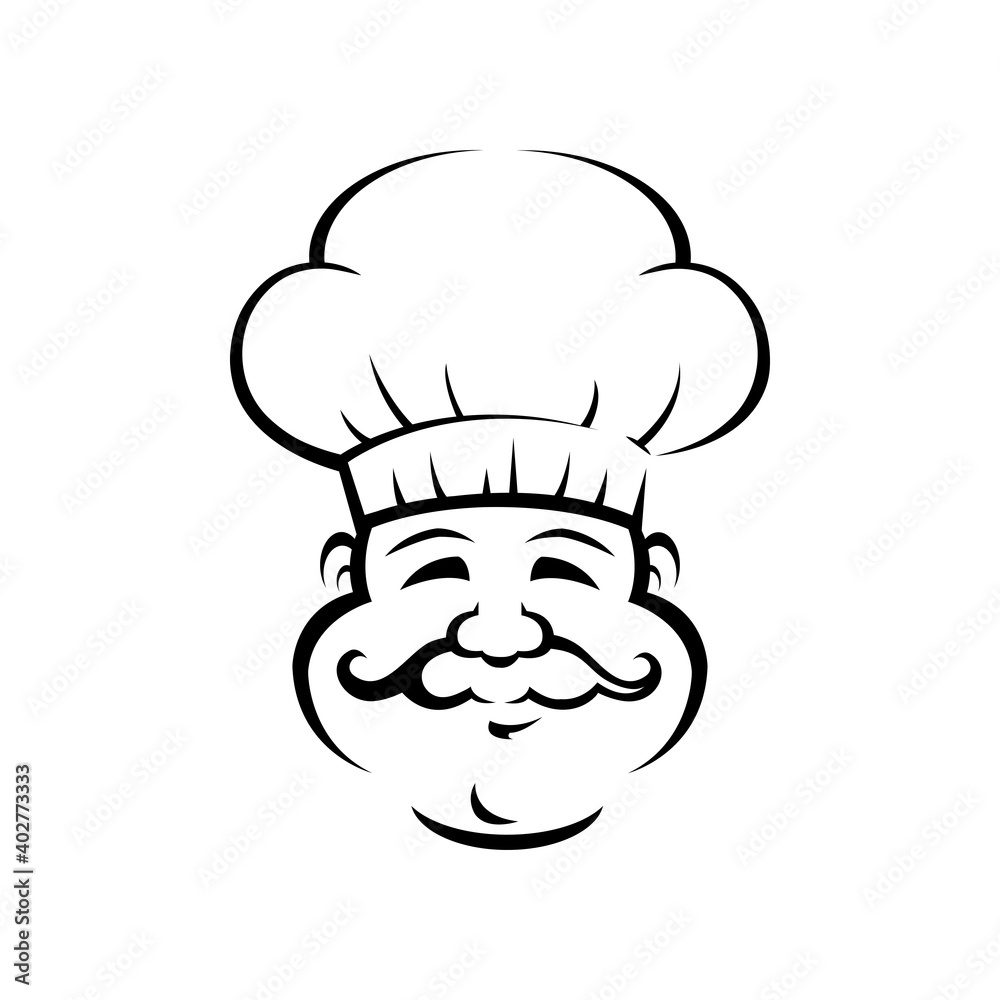 Professional chef outline vector illustration. Smiling chef, baker in