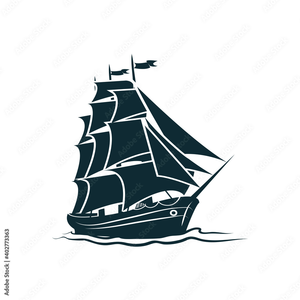 Brigantine boat sailing in sea waters isolated sailboat with fiberglass cloth and flags. Vector monochrome marine yacht