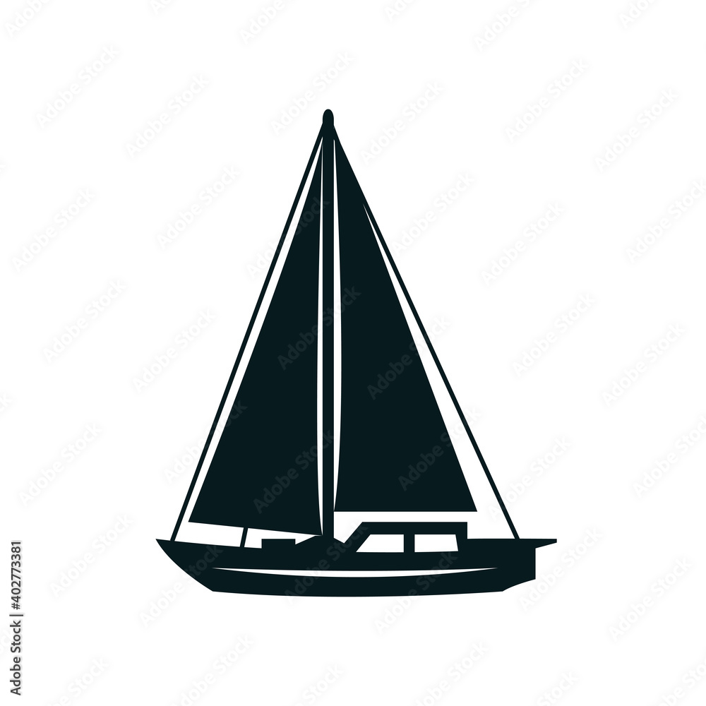 Sailboat with canvas or fiberglass cloth isolated. Vector fishing boat with sails and flag Sailboat with canvas or fiberglass cloth isolated. Vector fishing boat with sails and flag