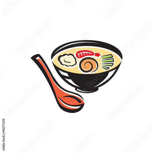Japanese soup with shrimp and rice isolated. Vector bowl and spoon, hot dish with green onion