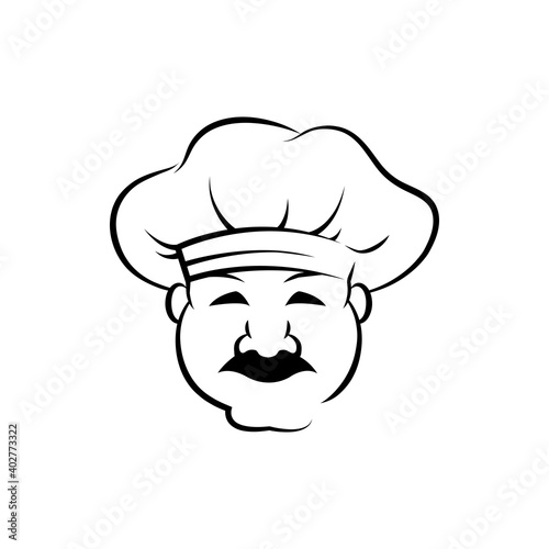 Smiling chef outline vector illustration. Italian baker in chef cap ink pen sketch. Confectioner, gourmet with mustache freehand drawing. Bakery, restaurant logotype. Catering service design element