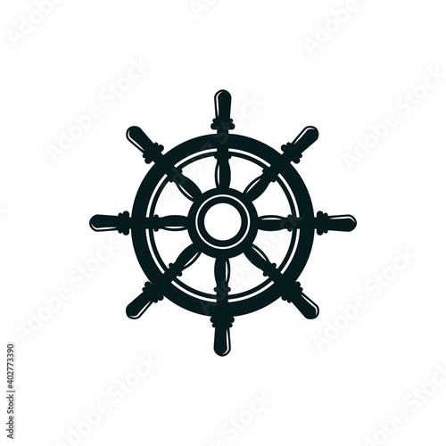 Retro handwheel isolated navigation symbol. Vector steering wheel with handles, control shipwheel