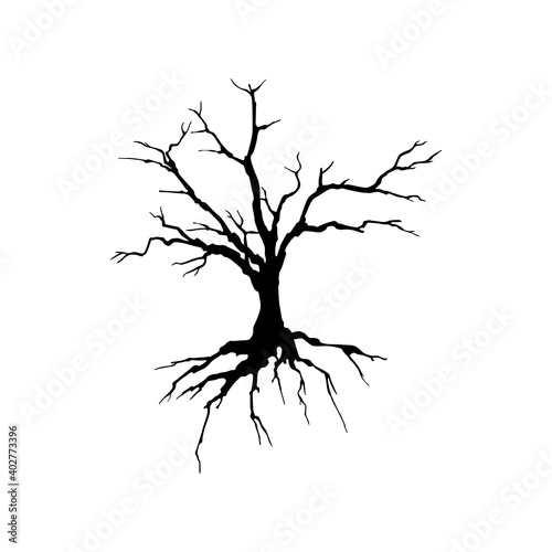 Creepy dead tree silhouette vector illustration. Autumn, winter season, nature death hand drawn monocolor symbol. Scary tree with bare crown monochrome drawing. Lonely wood, dry branches, root system