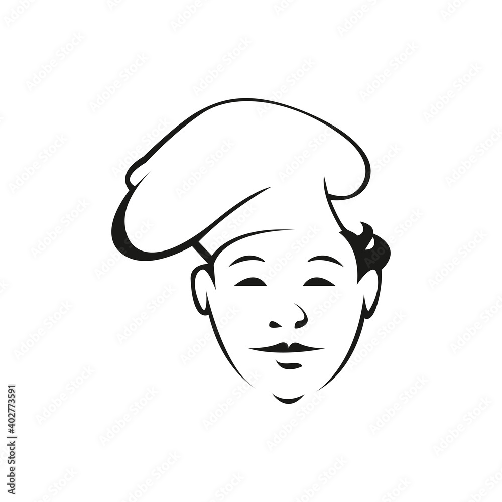 Young cook outline vector illustration. Professional chef with hat isolated character on white background. Restaurant worker, cook assistant contour drawing. Restaurant, cafe logo design idea Young cook outline vector illustration. Professional chef with hat isolated character on white background. Restaurant worker, cook assistant contour drawing. Restaurant, cafe logo design idea