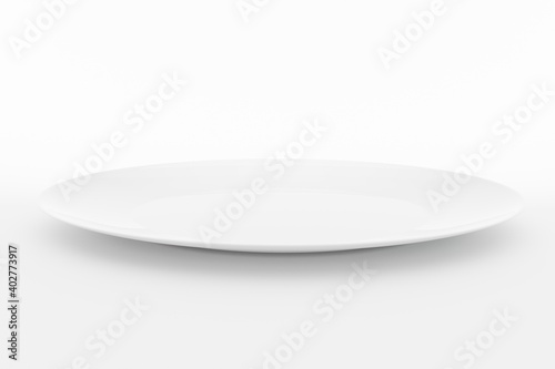 Empty ceramic white plate on white background, 3d illustration