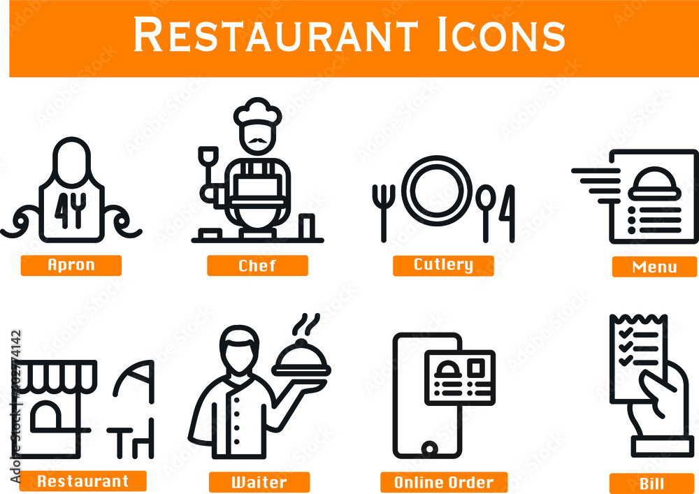 Media icons Restaurant Line Style for website mobile app presentation purposes - obrazy, fototapety, plakaty 