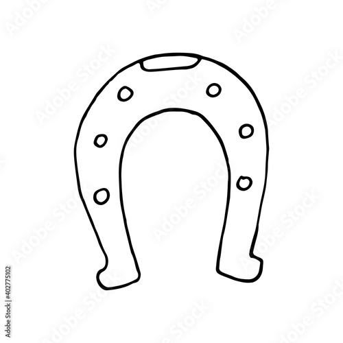 horseshoe icon, template card, poster, sticker. sketch hand drawn doodle style. vector minimalism monochrome. luck symbol.