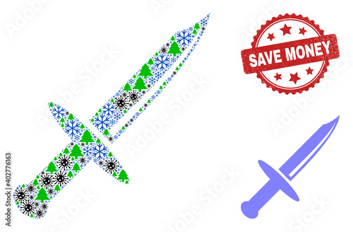 Winter Covid composition knife blade, and rubber Save Money red rosette stamp seal. Collage knife blade is designed with Covid-2019, fir-tree, and ice crystal symbols.