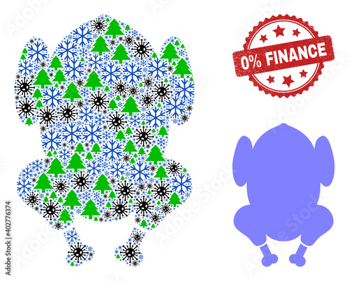 Winter viral collage fried chicken body, and 0% Finance red rosette seal. Collage fried chicken body is designed with virus, fir tree, and snow flake icons. Red 0% Finance seal uses rosette form.